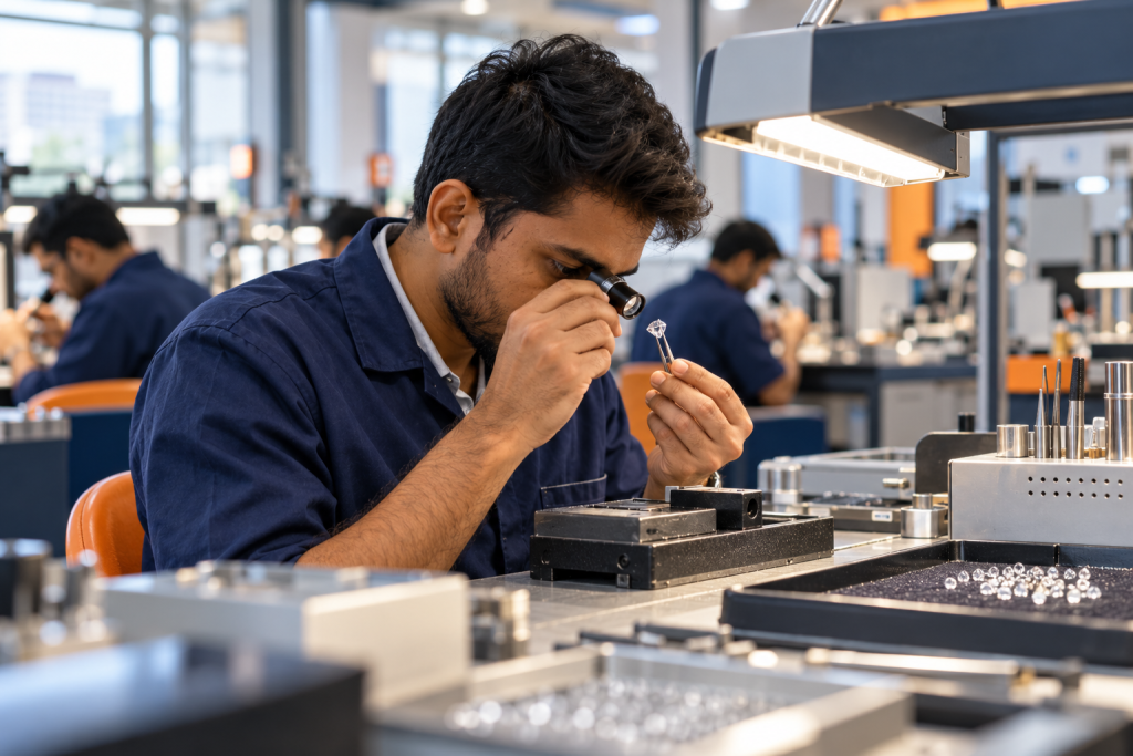 Skilled craftsperson examining a polished diamond with a loupe in a diamond manufacturing unit in Surat, India
