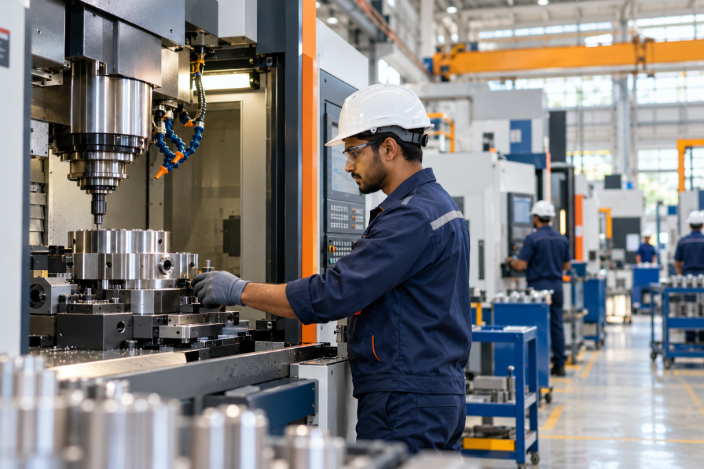 Operator running a CNC machine in an industrial machinery manufacturing plant in India