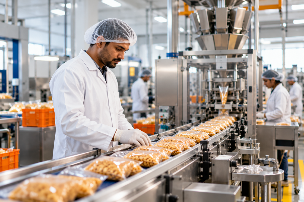 Worker in hygiene coat and hairnet supervising a packaging line in a food processing factory in India