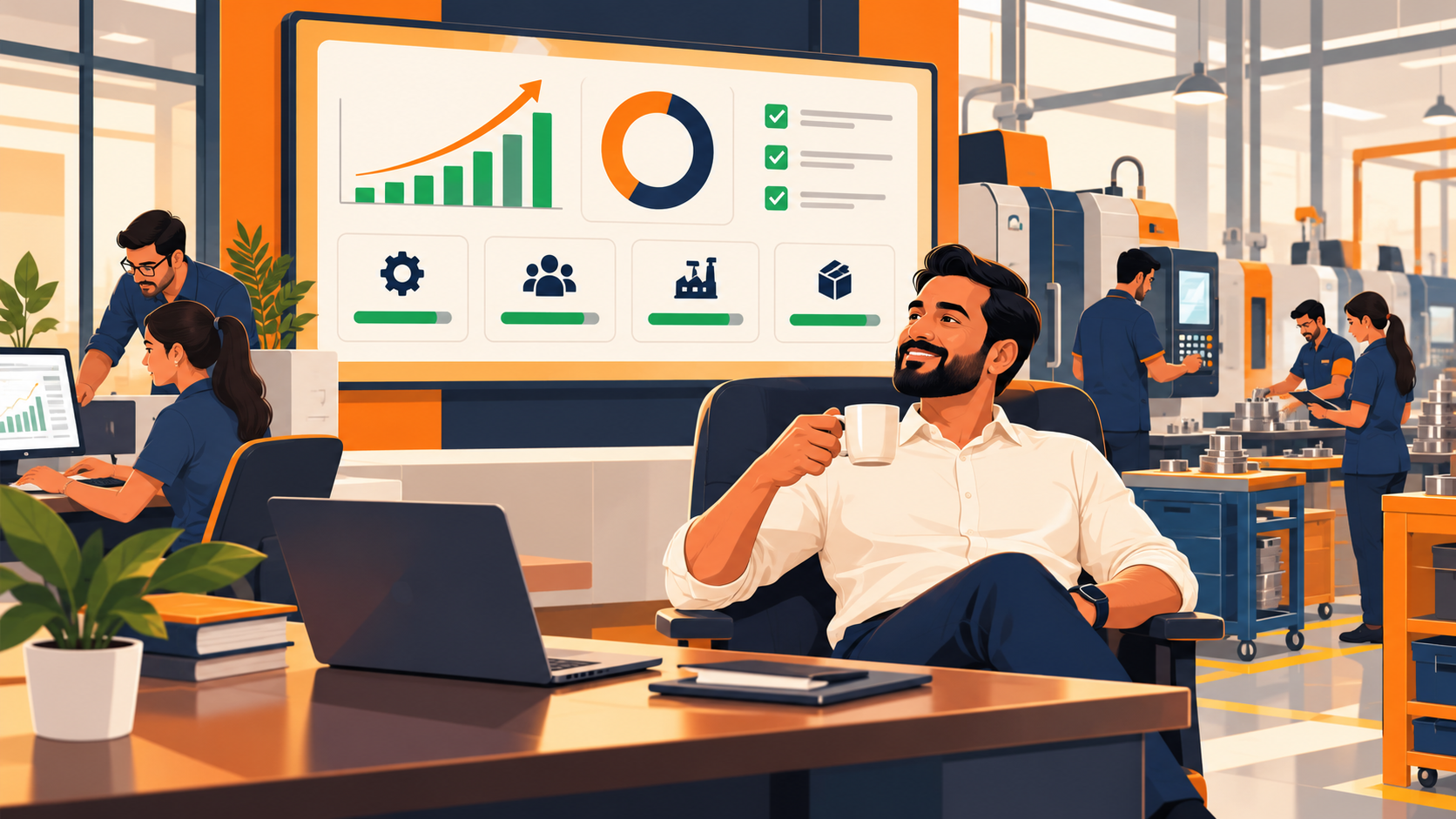 Business owner relaxing while his team runs the business on Auto Mode with a live dashboard